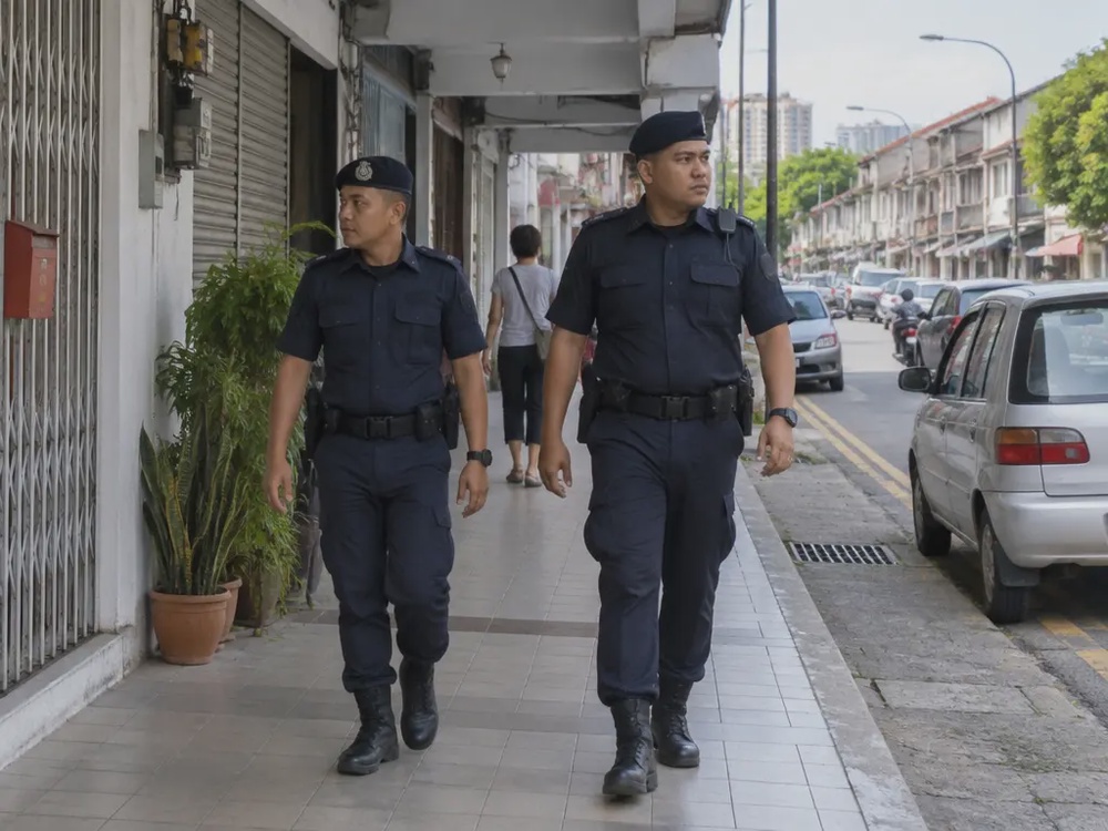 示意图：警员在槟城城市社区的店屋走廊巡逻。