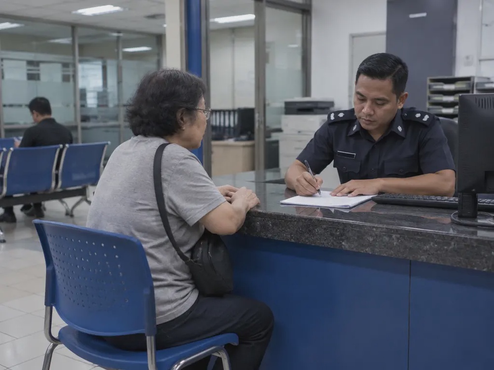 示意图:一名年长妇女在警局柜台报案。