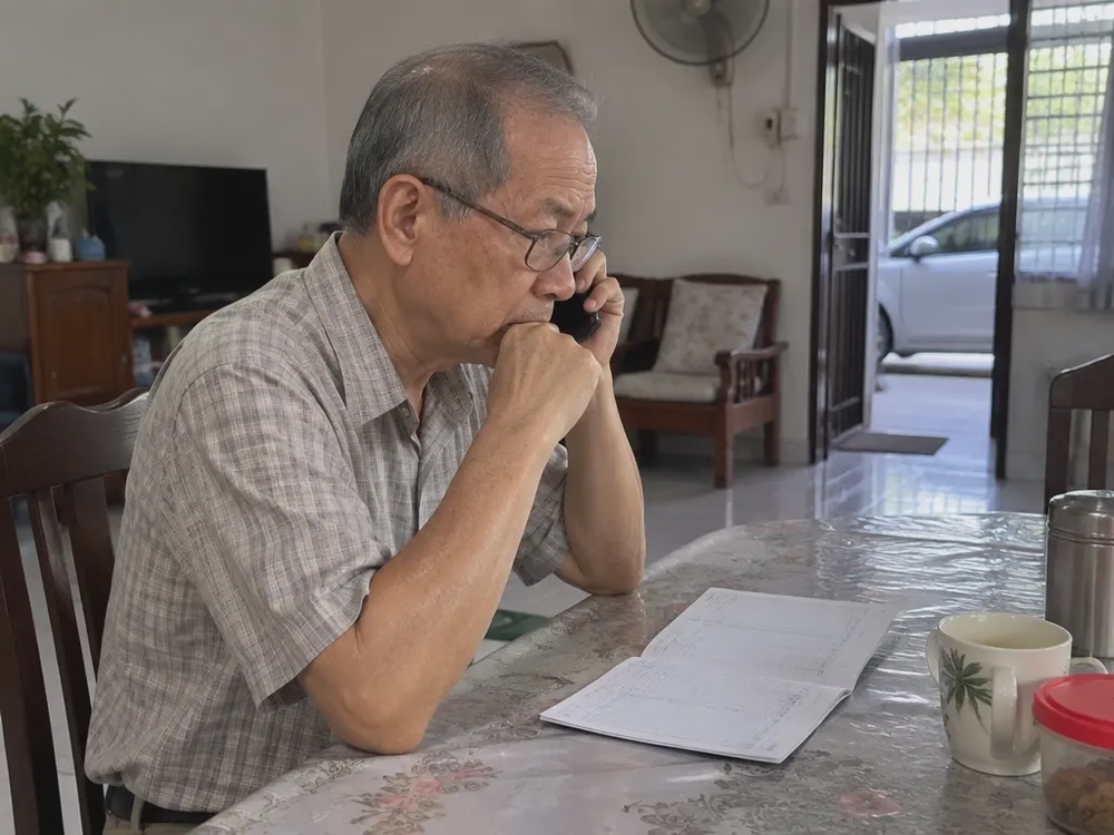 示意图:一名年长退休人士接听电话,桌上放着存款簿。