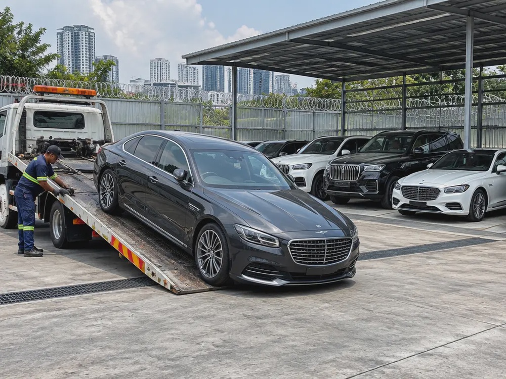 示意图:豪华轿车由拖车运入车辆扣押场,场内停着多辆豪车。