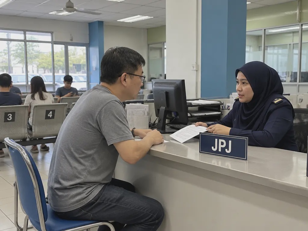 示意图:车主在JPJ服务柜台咨询车辆事务。