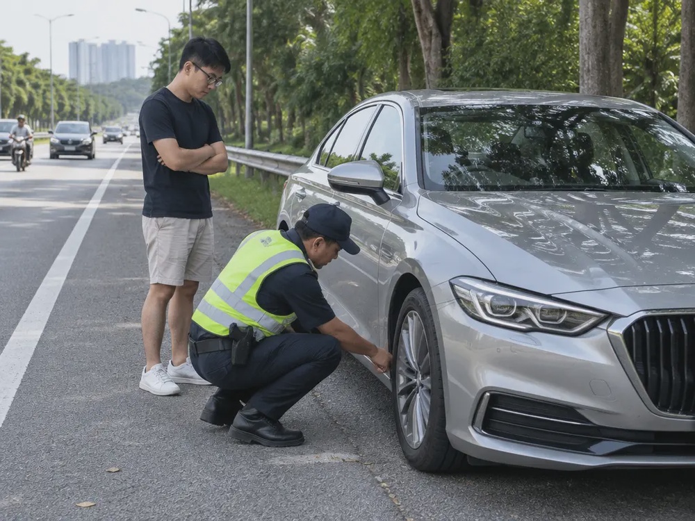 示意图:路边执法人员查看一辆停靠的豪车,表现车辆上路须符合法规。