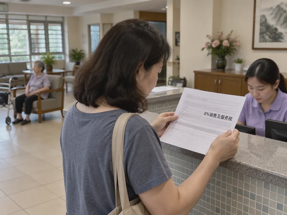 示意图：家属在老人院柜台查看列有8%销售及服务税的费用单，长者坐在院内。
