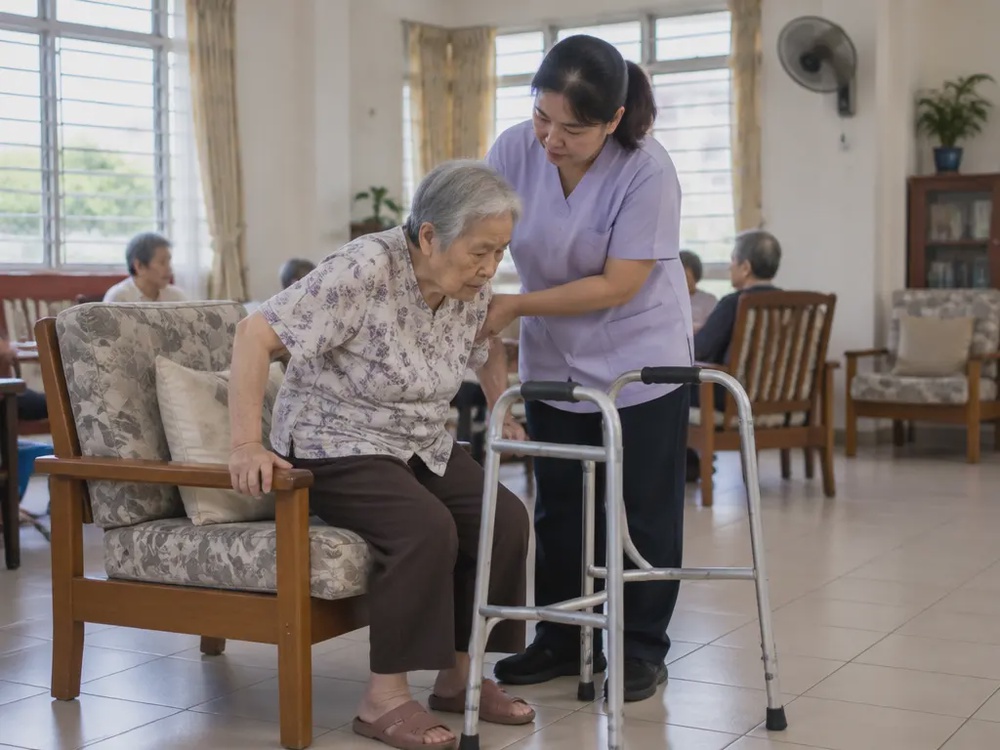 示意图：老人院护理人员在起居空间协助长者使用助行架。