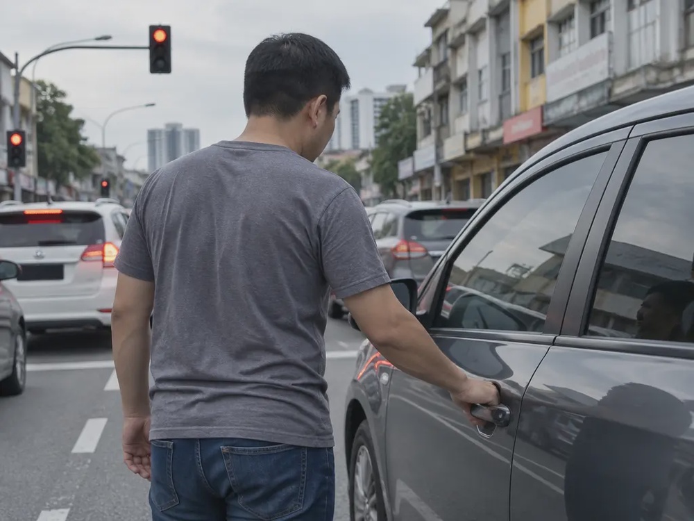 示意图:男子趁车辆停等交通灯时试拉车门。