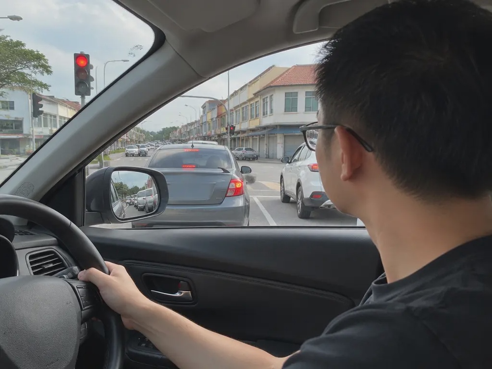 示意图:驾驶者停等红灯时留意车旁情况。