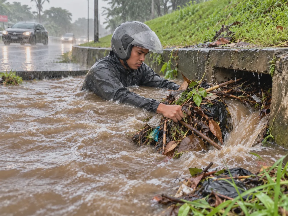 Image from: 暴雨后道路严重积水!21岁大马青年下沟清垃圾,冒雨疏通近2小时获赞!