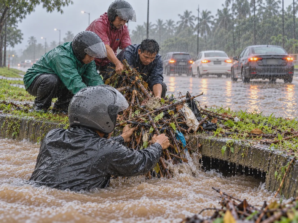 Image from: 暴雨后道路严重积水!21岁大马青年下沟清垃圾,冒雨疏通近2小时获赞!
