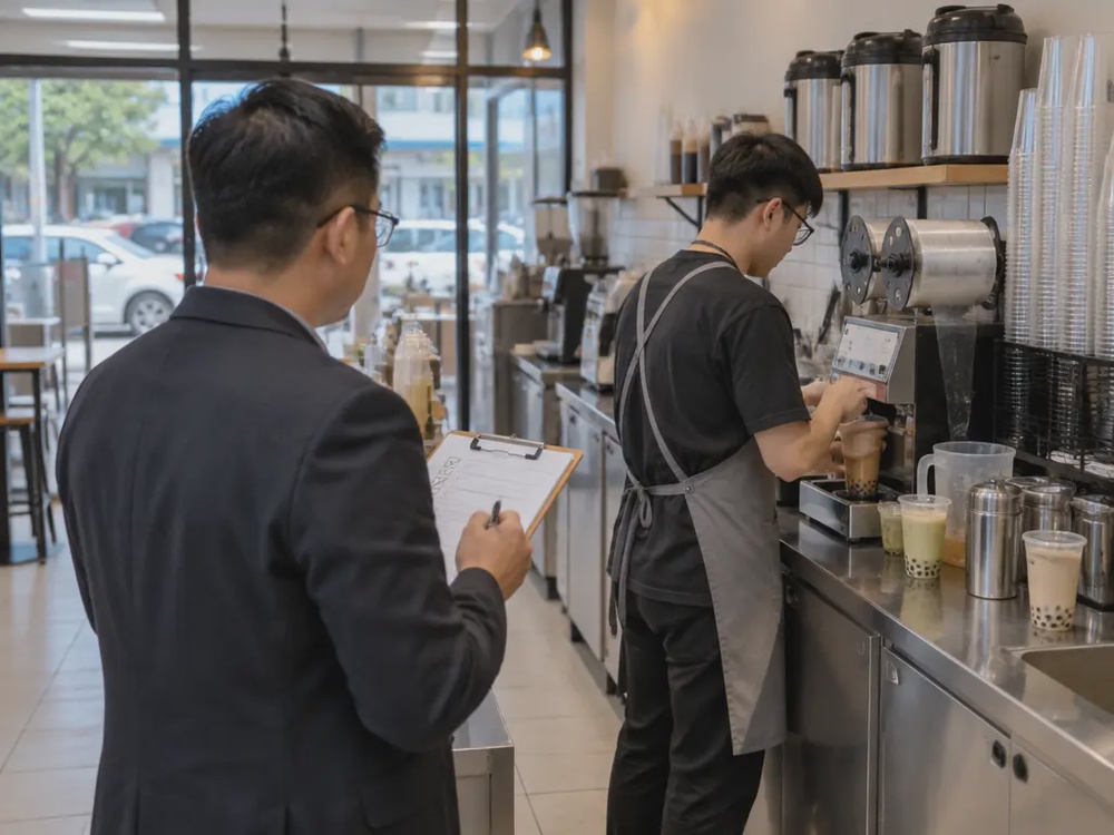示意图：普通区域经理巡视奶茶店，查看吧台及饮品制作流程。