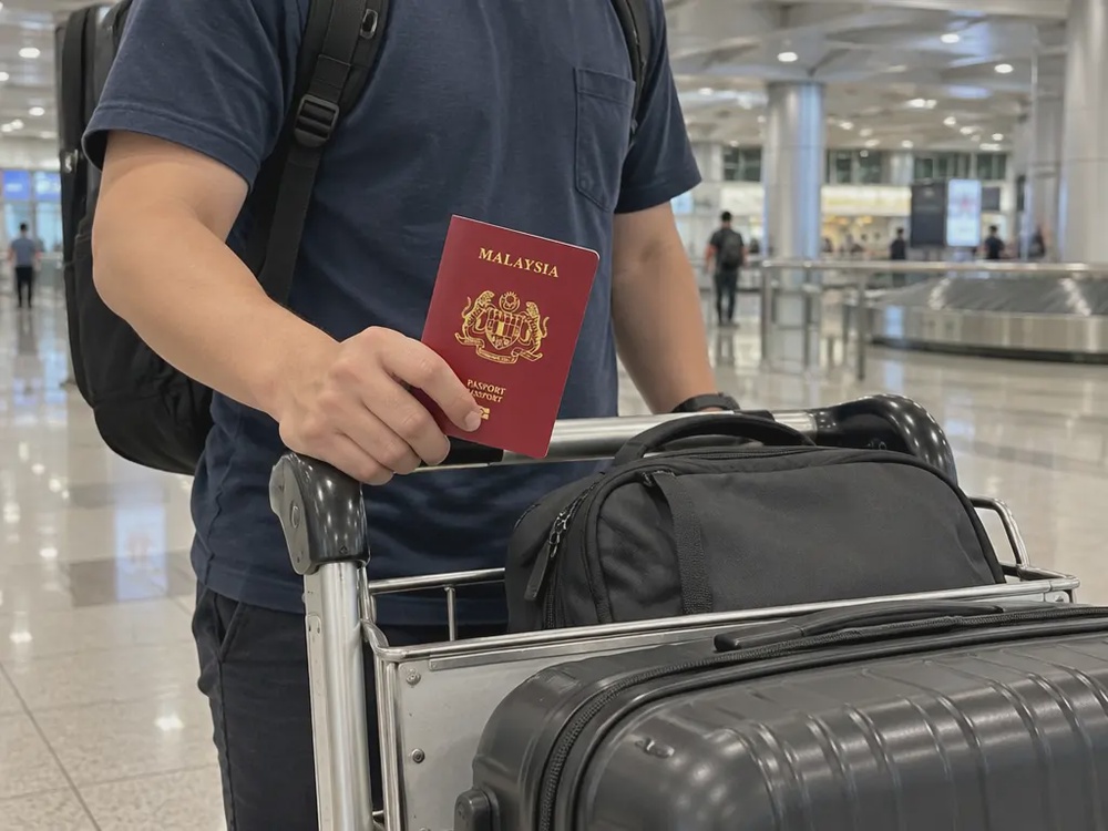 机场入境环境中的马来西亚护照与行李，示意旅客返国。