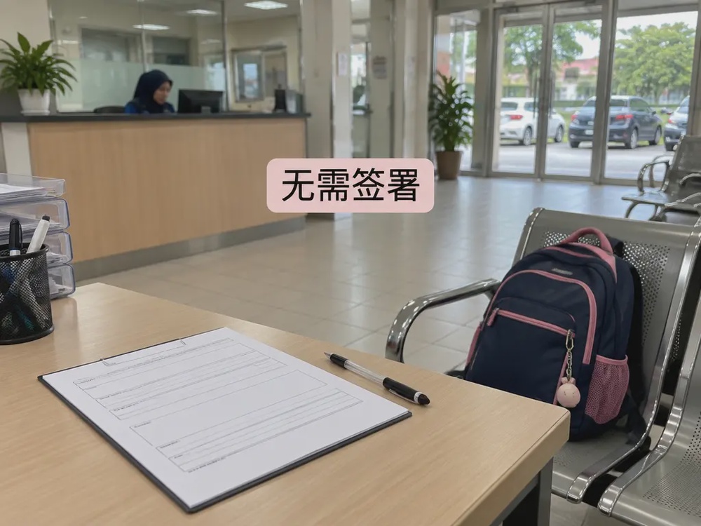 公共机构接待区内的未签文件、闲置笔与儿童书包示意，编辑短字说明无需签署，并非真实现场。