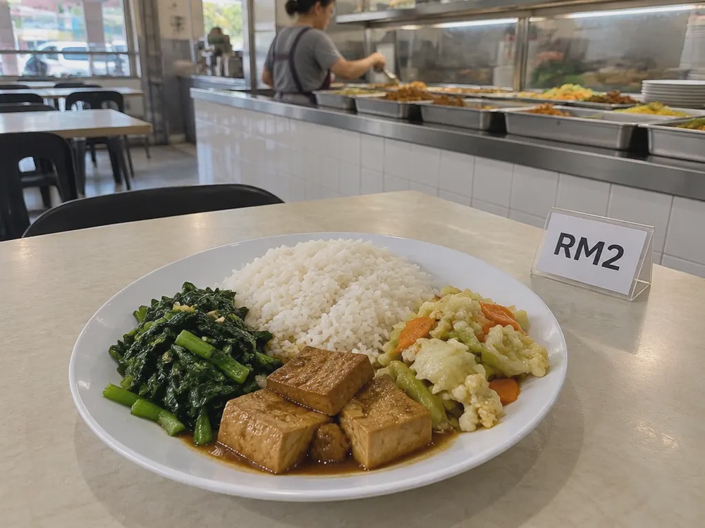 示意图：一盘白饭配三样素菜，旁边标示RM2。