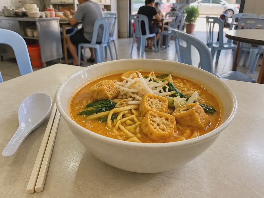 示意图：普通素食店餐桌上的一碗素咖喱面。
