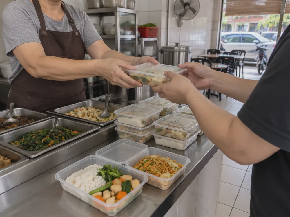 示意图：素食店柜台准备多份饭面，并将打包餐点交给领取者。