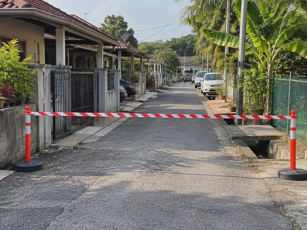 示意图:甘榜住宅通道被警戒带封锁。