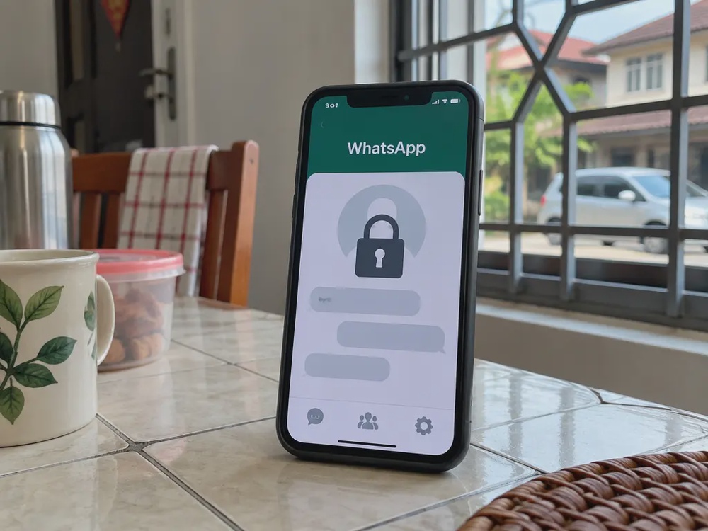手机屏幕以WhatsApp字样、锁头和灰色聊天图形示意账号被冻结。