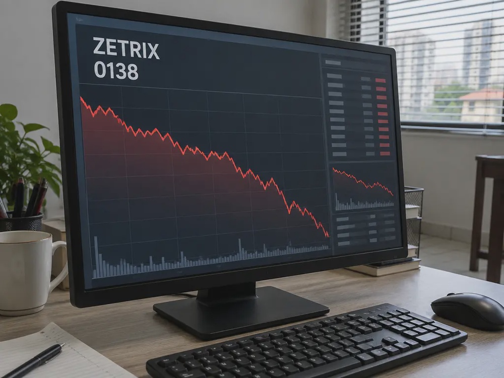 示意股票屏幕显示Zetrix股票编号及下跌走势。