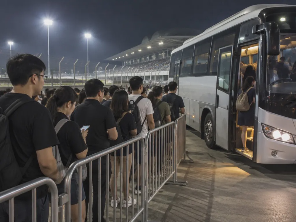 夜间赛车场外,观众排队等候接驳巴士的虚构示意画面。