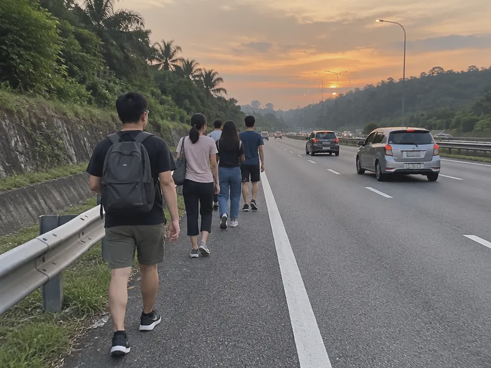 数名观众沿大道路肩步行的示意图,并非报道所述真实路线。