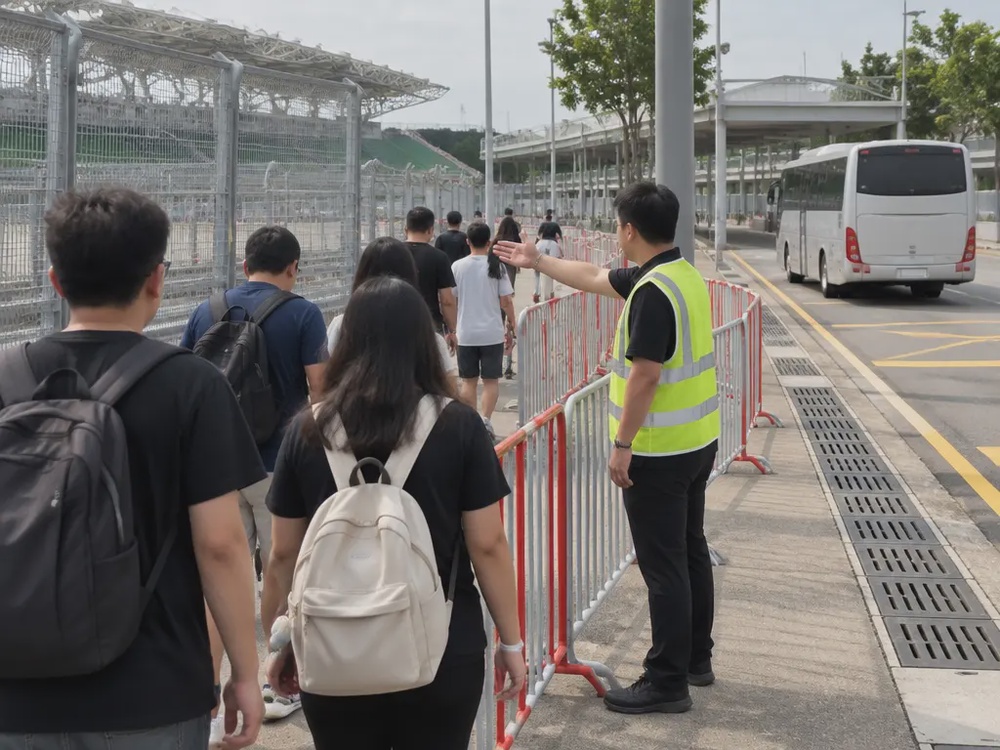 赛车场交通区域内,普通现场工作人员引导观众沿指定通道通行的示意图。
