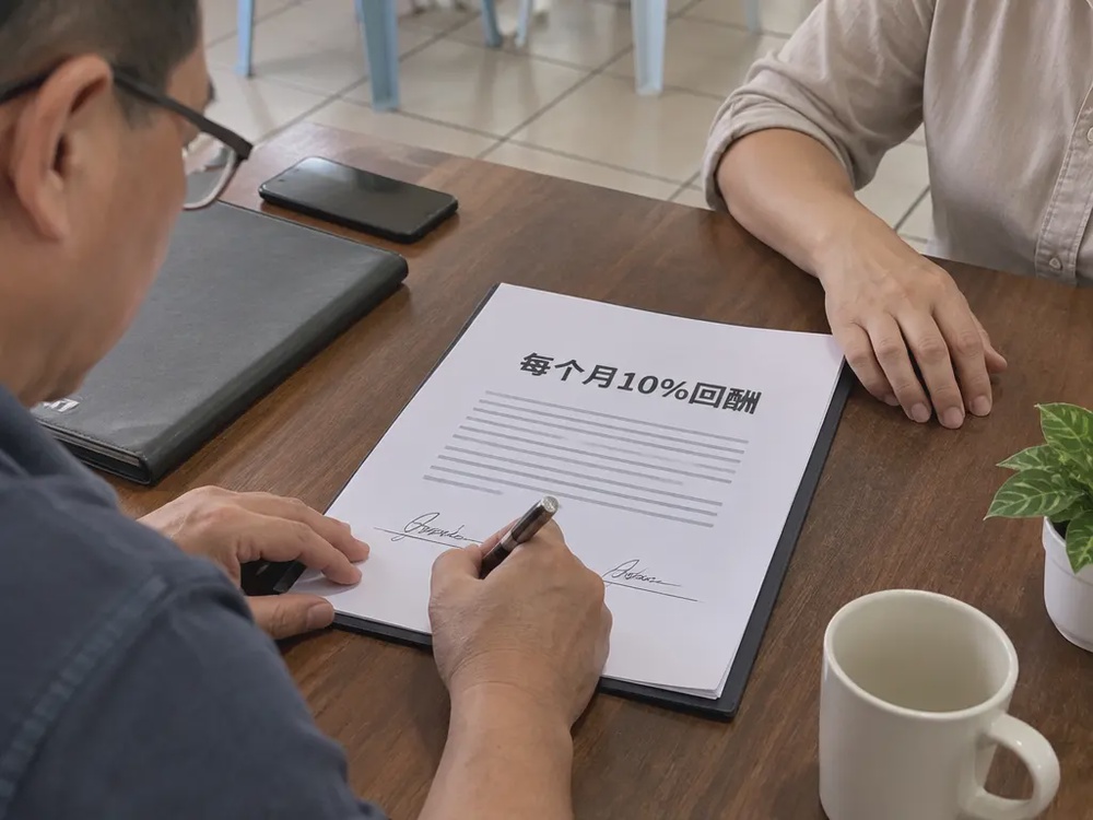 投资协议签署示意图,文件上突出约定的每月10%回酬。