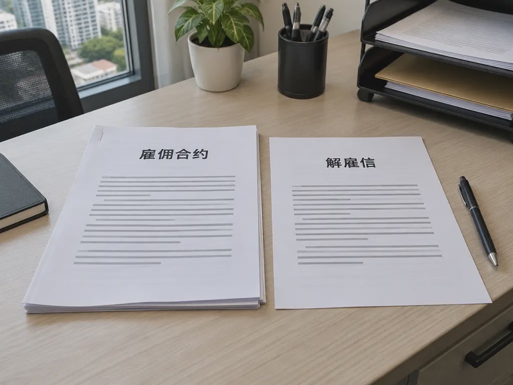 雇佣合约与解雇信并排放在办公桌上的示意图。