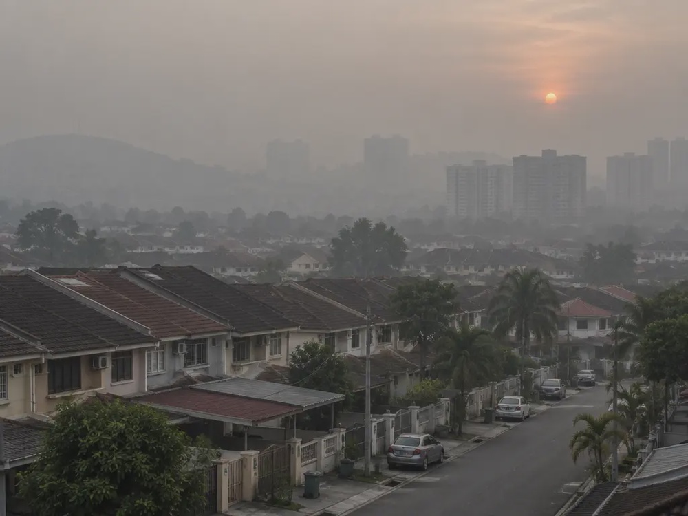大马住宅区上空笼罩灰色霾气的示意画面，远处楼宇能见度降低。