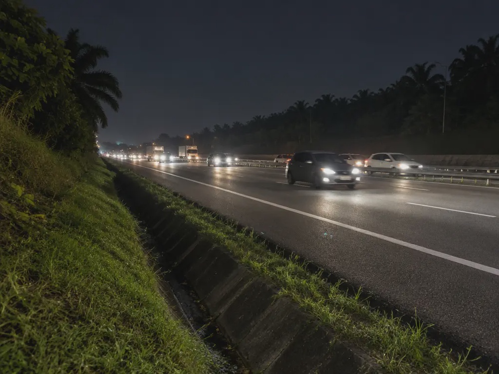 夜间大道的车流与昏暗路肩，示意步行到天黑后面对的道路环境。