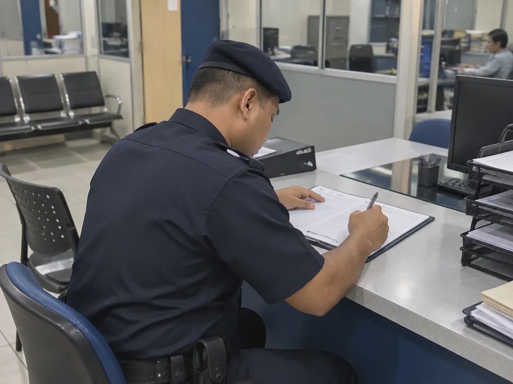 警员在警局报案柜台处理记录的示意画面。