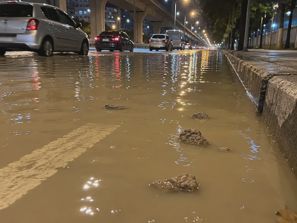 示意图：马路上的淡褐色污水及无法确认性质的漂浮物。