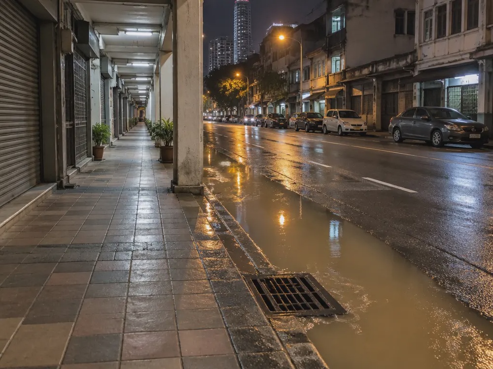 示意图：夜间隆市街道环境，骑楼与路缘旁可见积水。