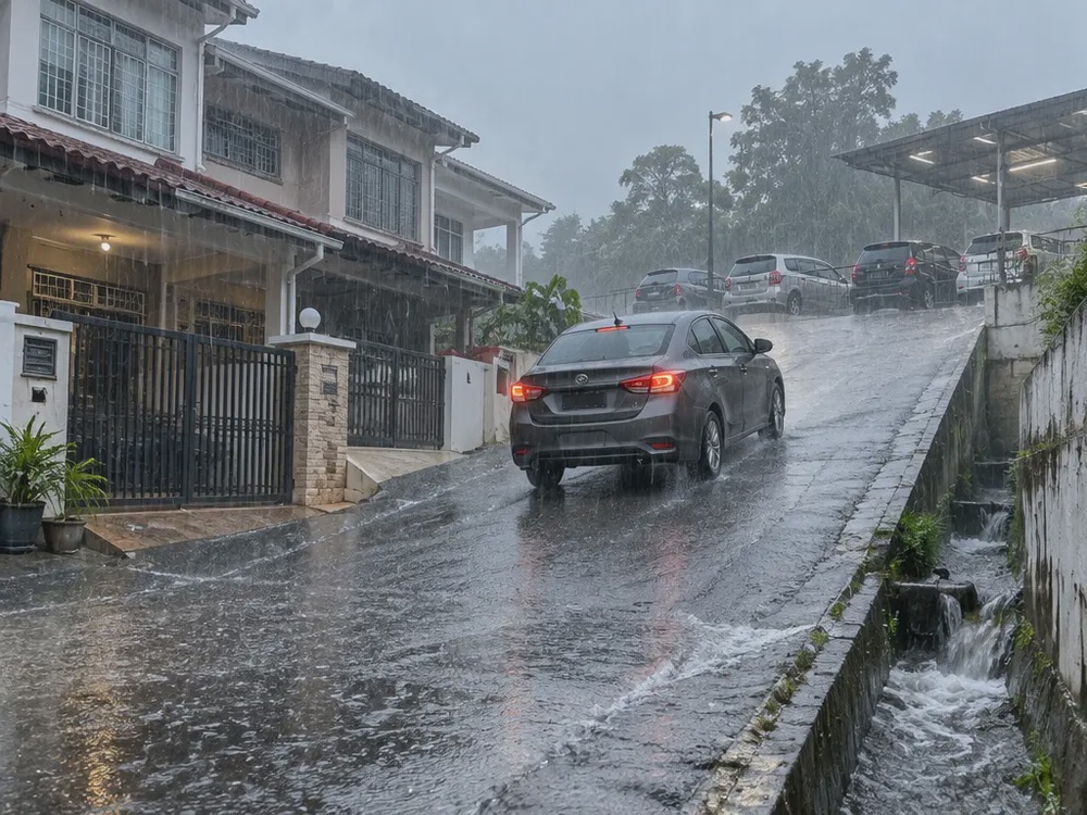 示意画面：豪雨中，一辆汽车沿斜坡驶往住宅区较高处。