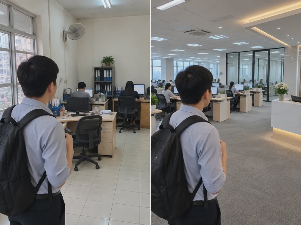 虚构就业选择示意:普通员工面对小型企业与大型企业的办公环境,呈现潜在的工作选择。