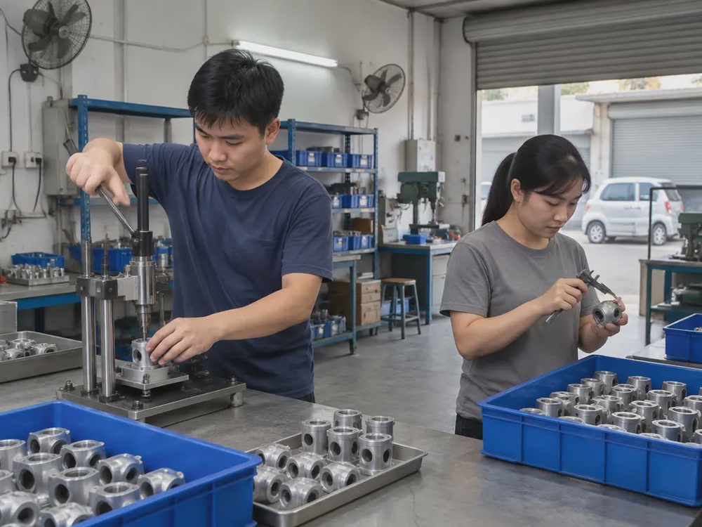 小型制造企业员工进行组装与质量检查的示意画面。