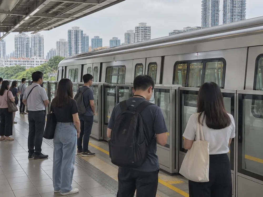 示意图：城市轨道列车停靠月台，乘客在屏蔽门旁等候。
