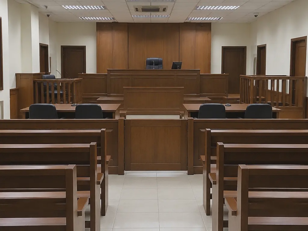 空置推事庭示意图,呈现审判席、证人席及被告栏。