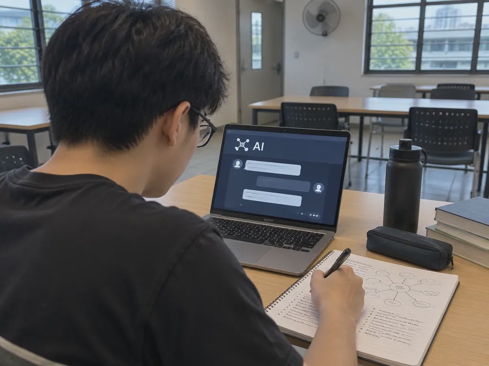 示意大学生一边参考AI工具，一边亲自整理作业思路。