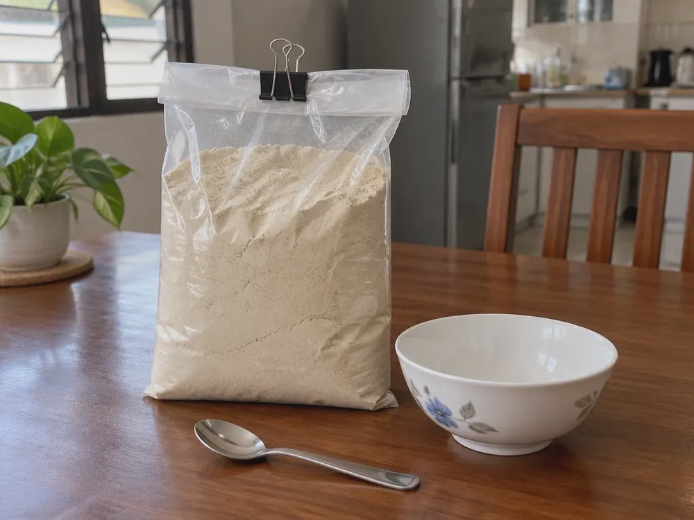 封存的药粉放在桌上，旁边的碗和匙仍未使用，示意买回后不敢食用。