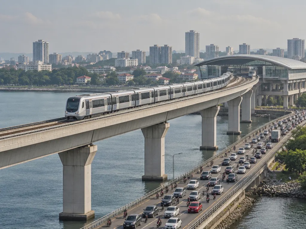 跨海高架轻快铁列车驶过海峡，旁边长堤车流拥堵的示意图