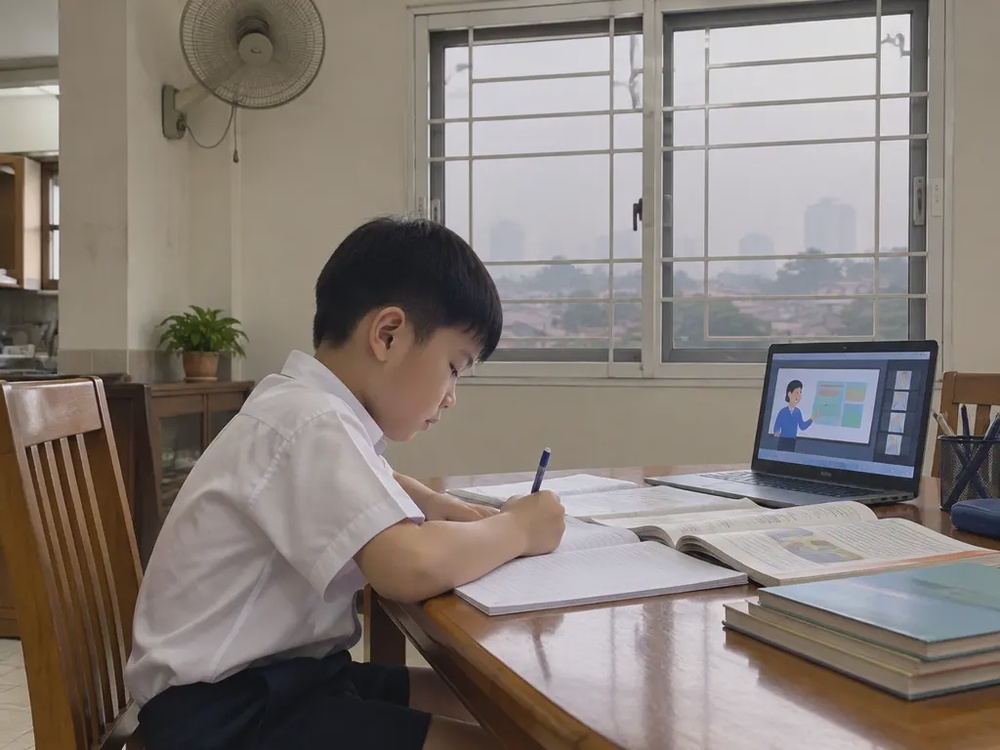 烟霾停课期间,孩子在家中餐桌上做功课、进行居家学习