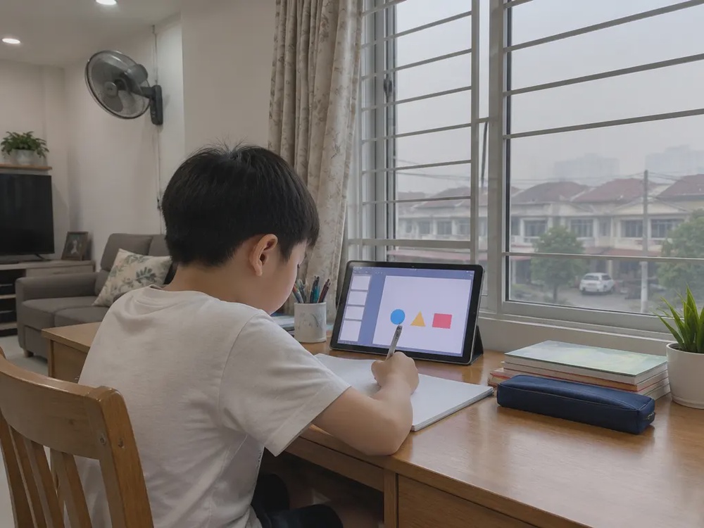 示意图：烟霾天，学生在家中通过平板进行居家教学