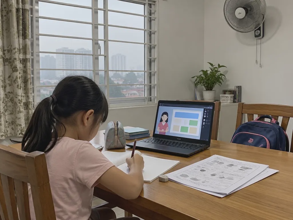 示意图:孩子在家中用作业本和电脑进行居家学习,窗外烟霾弥漫