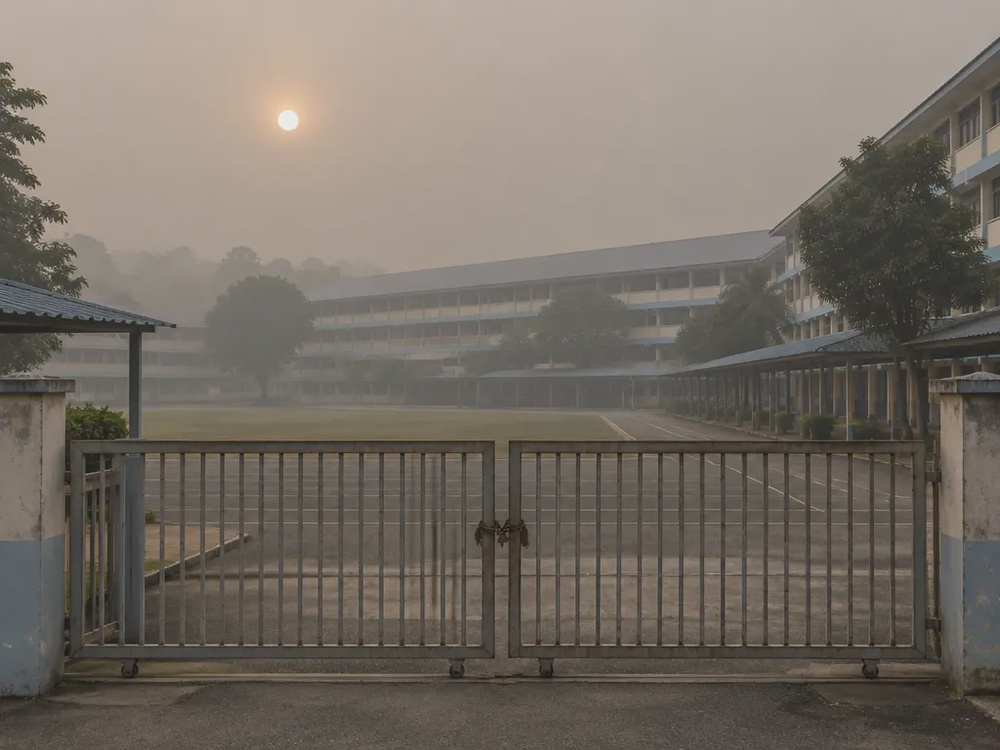 浓密烟霾笼罩下大门紧闭、空无一人的本地学校示意图