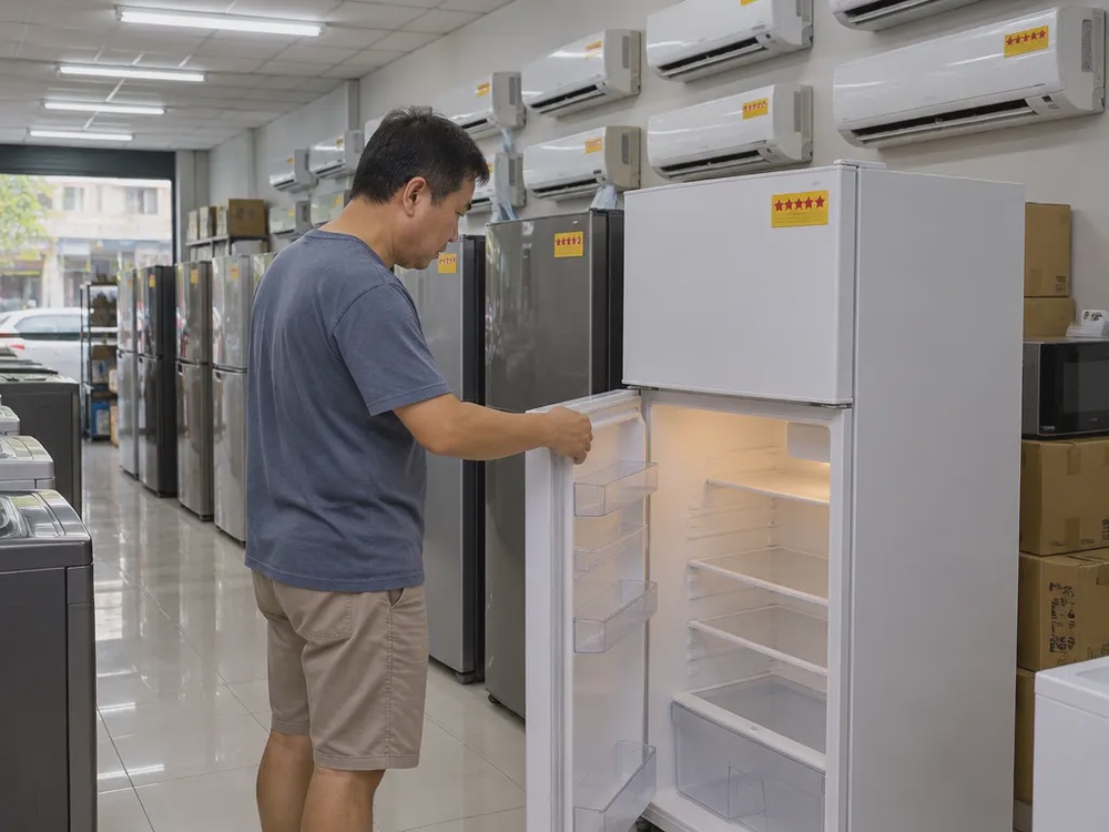 示意图:顾客在电器店比较节能冰箱与冷气