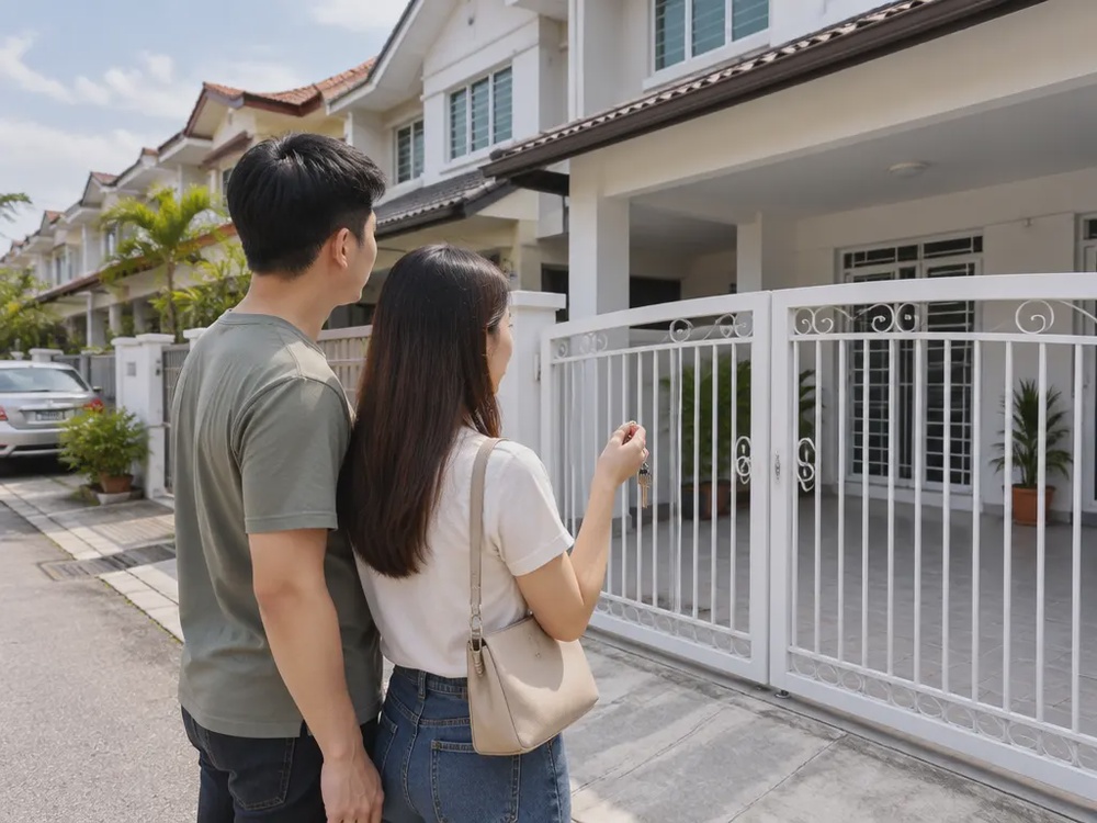 年轻夫妇拿着房屋钥匙，站在大马住宅区排屋铁门前的示意图
