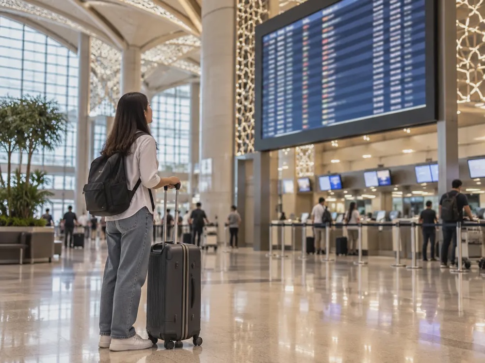 示意图：一名大马旅客在沙特机场出境大厅查看航班资讯屏幕