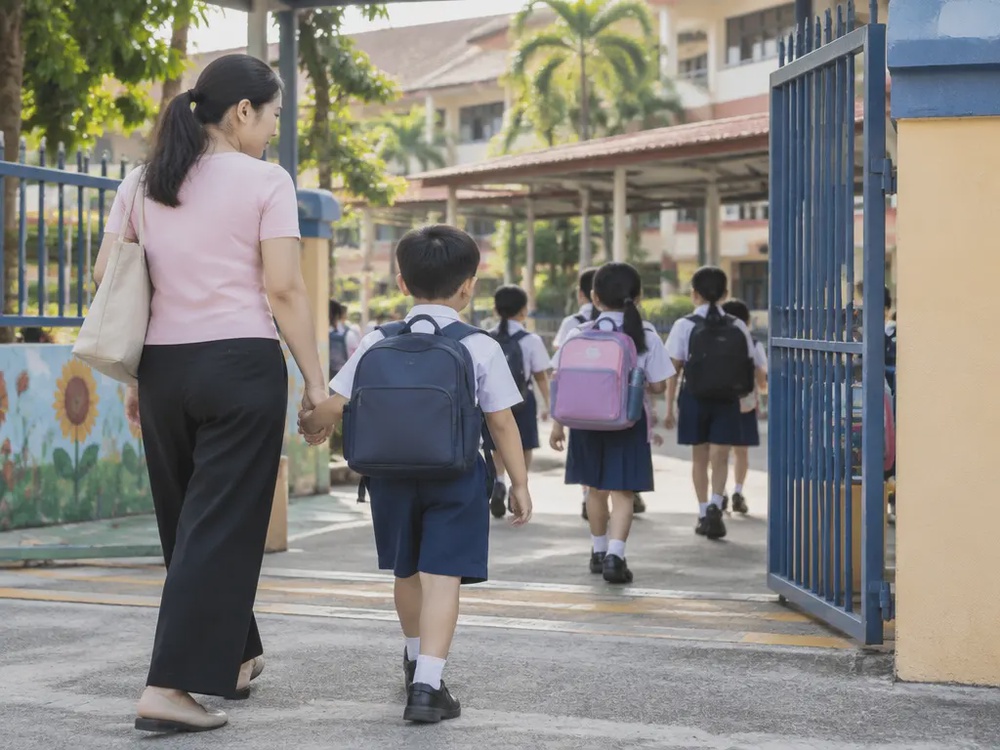 小学生背书包走进校门的示意图