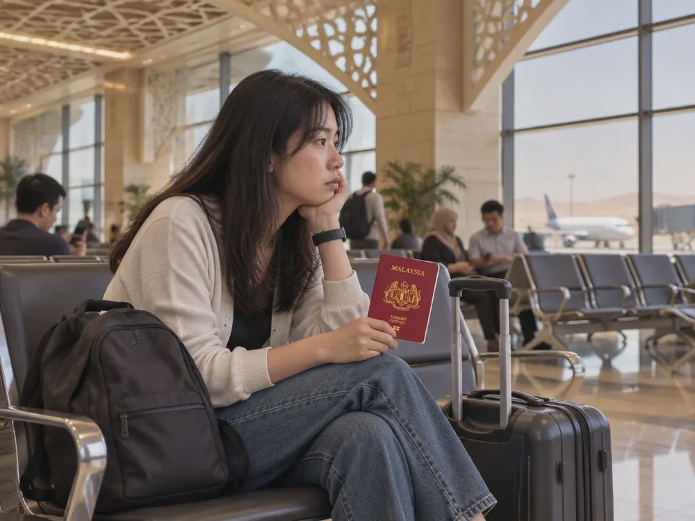 示意图：大马旅客手持马来西亚护照，带着行李坐在机场候机区等待