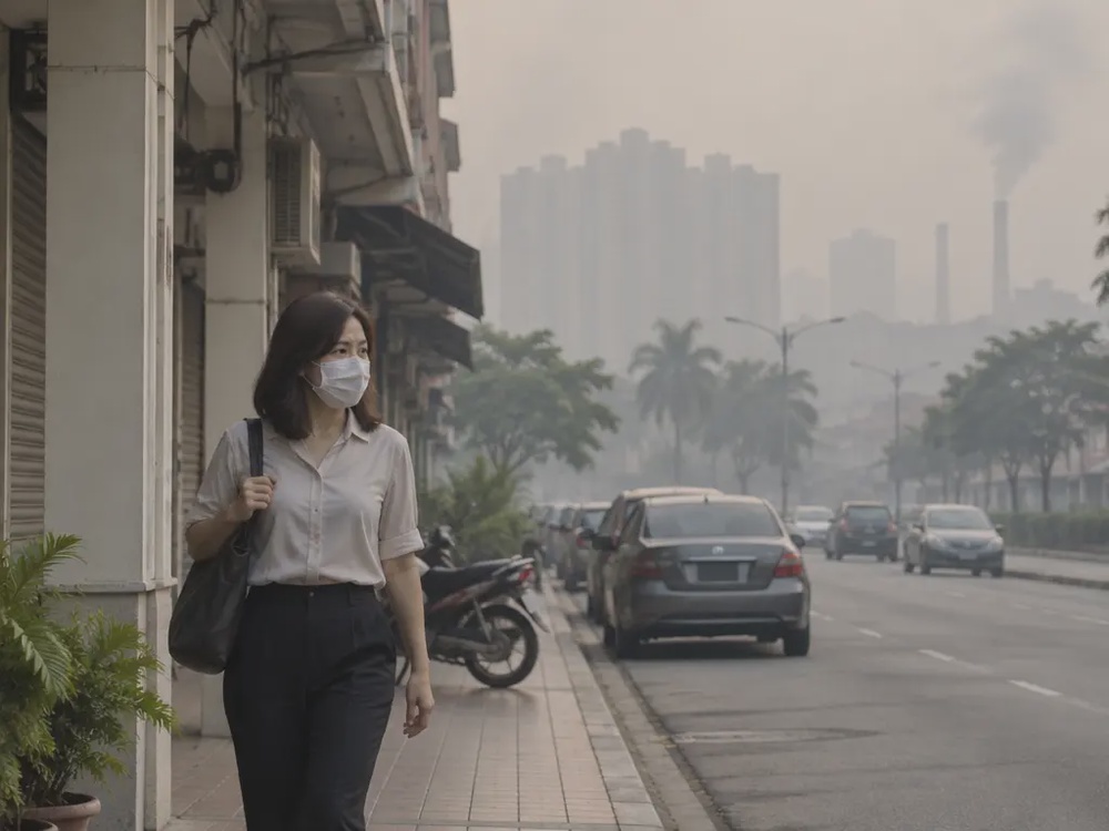 烟霾笼罩的本地市镇，戴口罩的民众早上出门，远处高楼模糊不清（示意图）