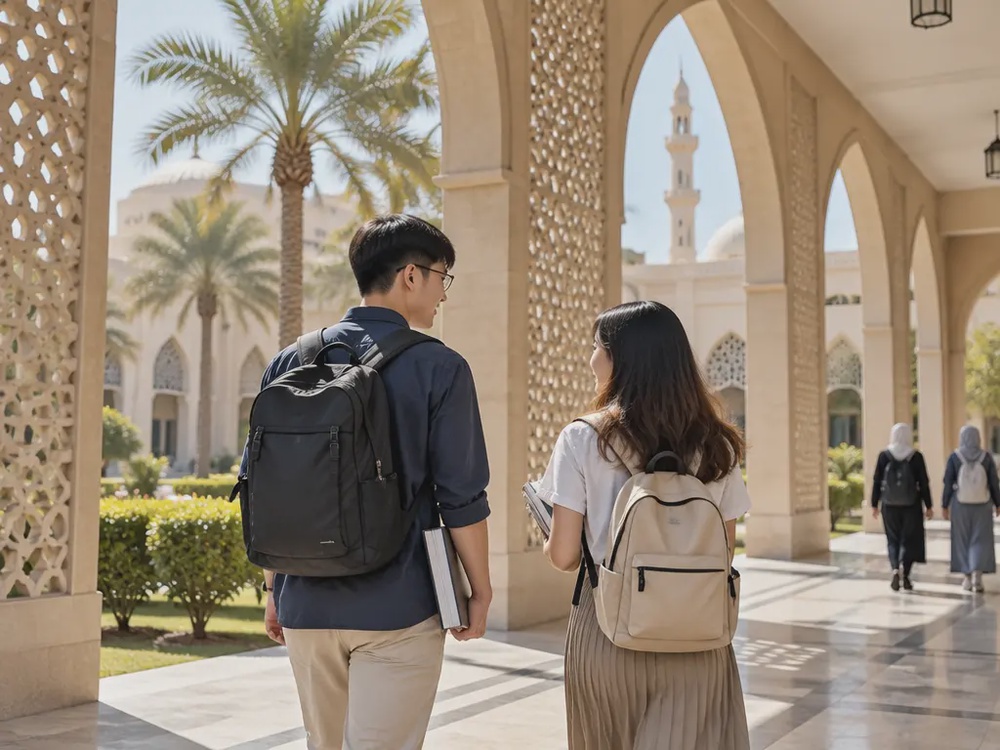 示意图：大马留学生在沙地城市的大学校园中走向课堂